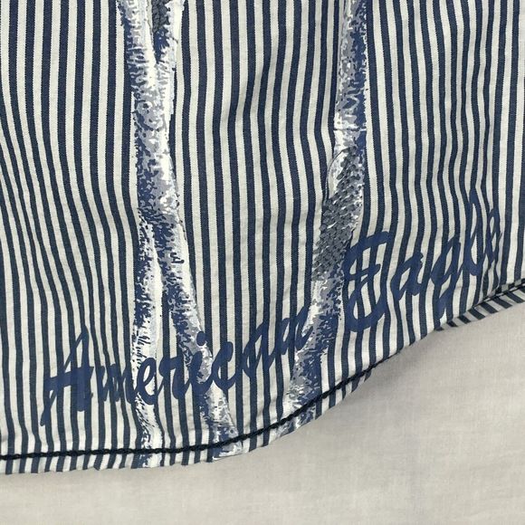 American Eagle Shirt Mens Sz L Palm Tree Button Up Blue Stripe Long Sleeve - Picture 3 of 14